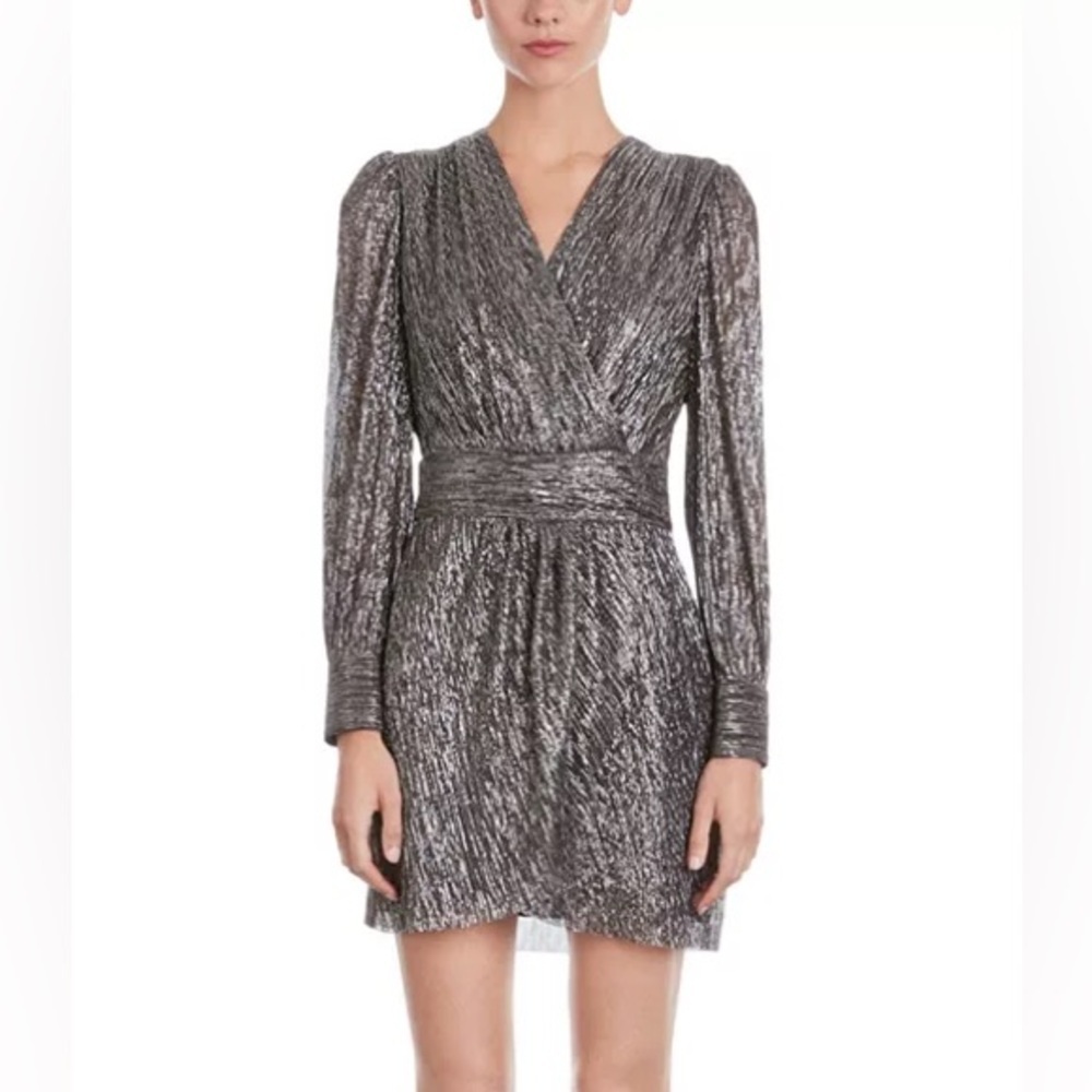 NWT The Kooples Metallic Pleated Mini Dress Faux Wrap Long Sleeve Party Sz 3